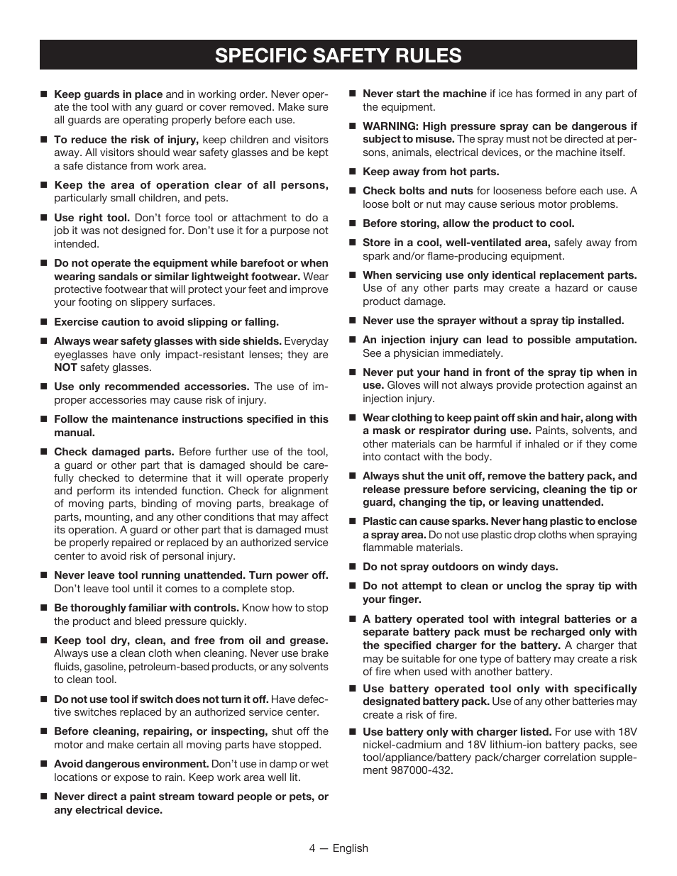 Specific safety rules | Ryobi P630 User Manual | Page 4 / 36