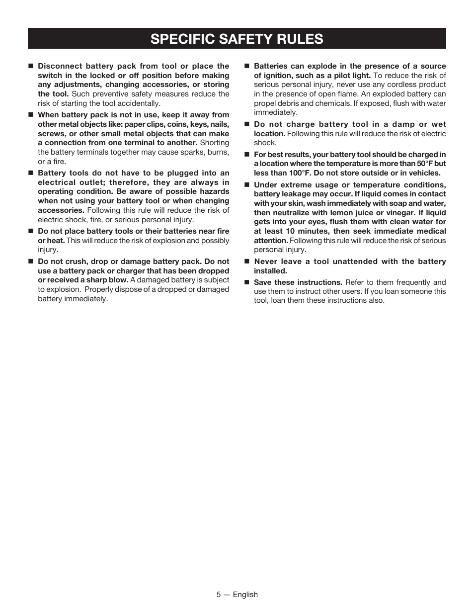 Specific safety rules | Ryobi P630 User Manual | Page 5 / 36