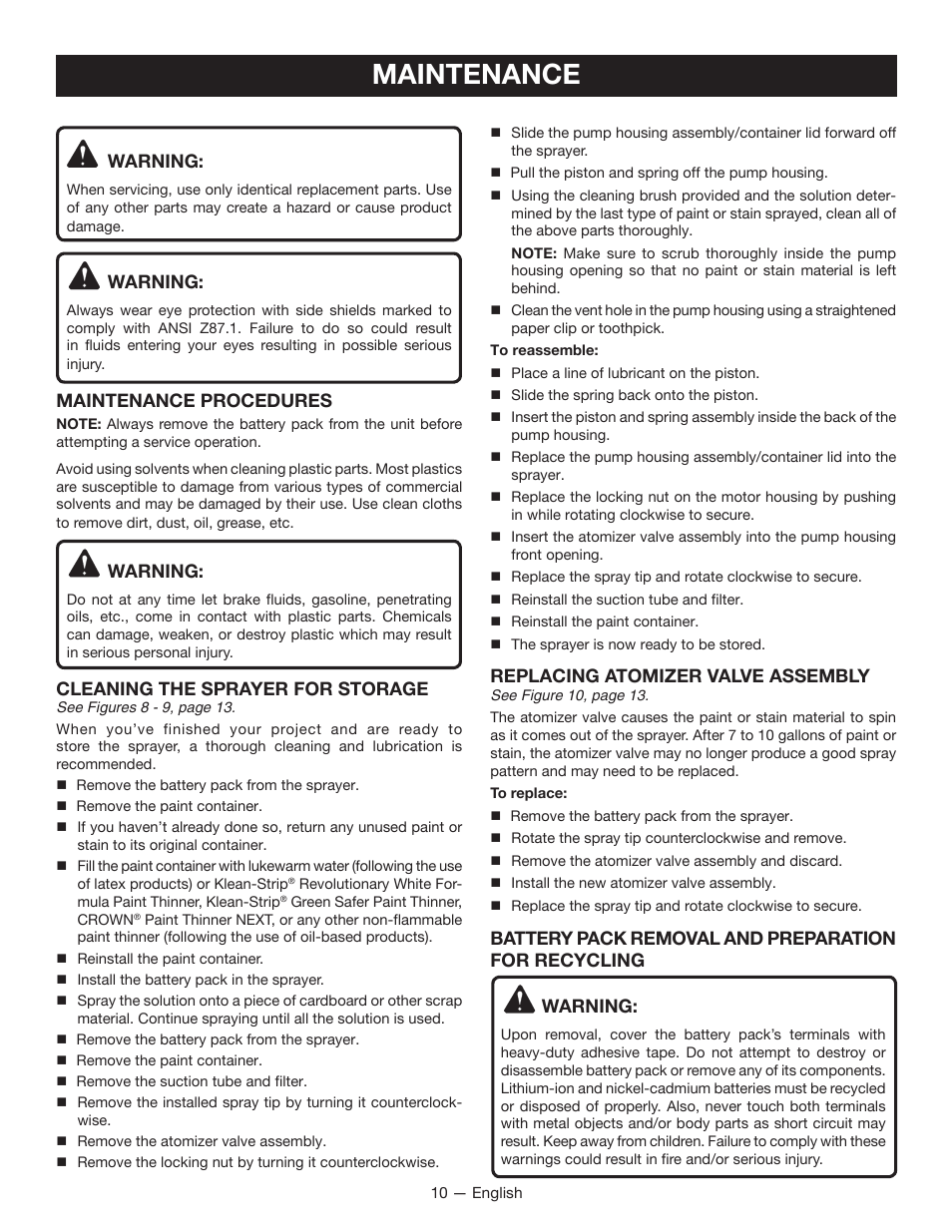 Maintenance, Warning, Maintenance procedures | Cleaning the sprayer for storage, Replacing atomizer valve assembly | Ryobi P631 User Manual | Page 10 / 36