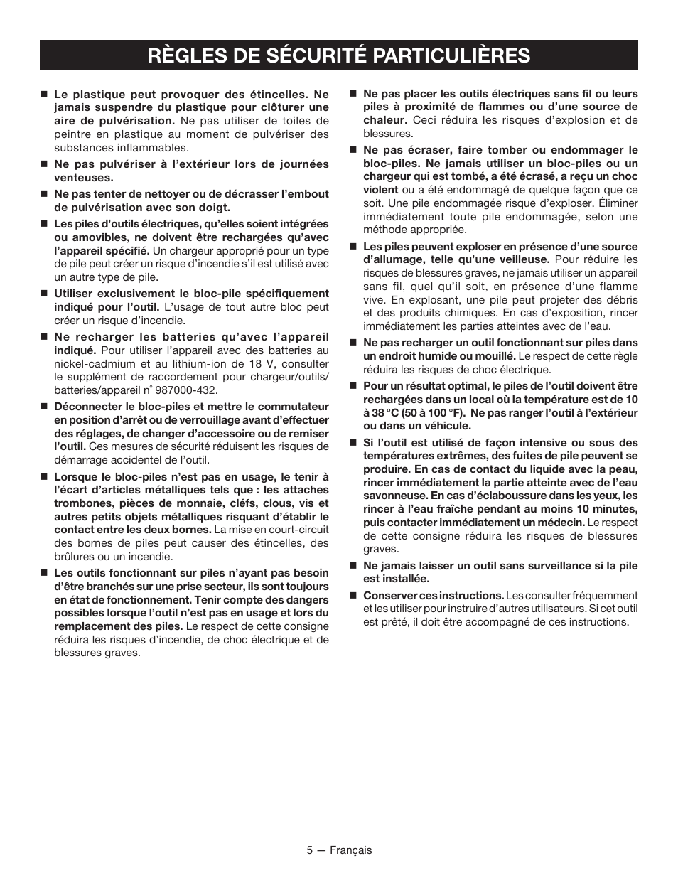 Règles de sécurité particulières | Ryobi P631 User Manual | Page 15 / 36