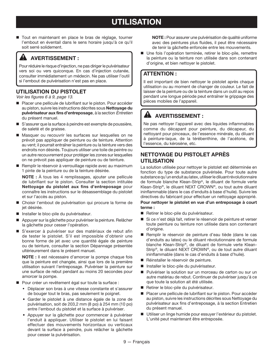 Utilisation, Avertissement, Utilisation du pistolet | Attention, Nettoyage du pistolet après utilisation | Ryobi P631 User Manual | Page 19 / 36