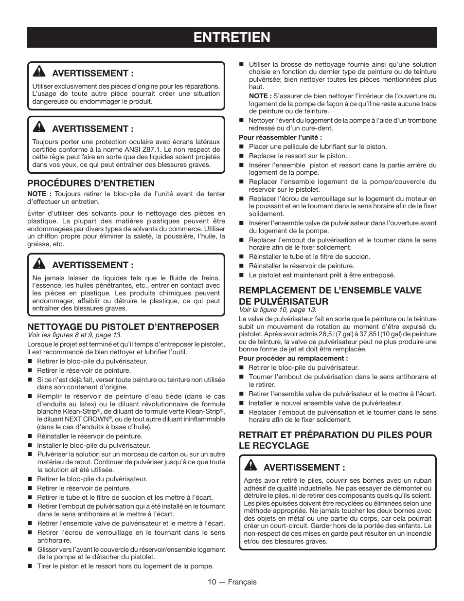 Entretien, Avertissement, Procédures d’entretien | Nettoyage du pistolet d’entreposer, Remplacement de l’ensemble valve de pulvérisateur | Ryobi P631 User Manual | Page 20 / 36