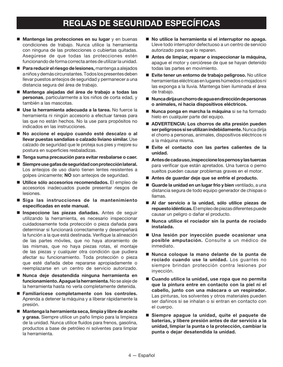 Reglas de seguridad específicas | Ryobi P631 User Manual | Page 24 / 36