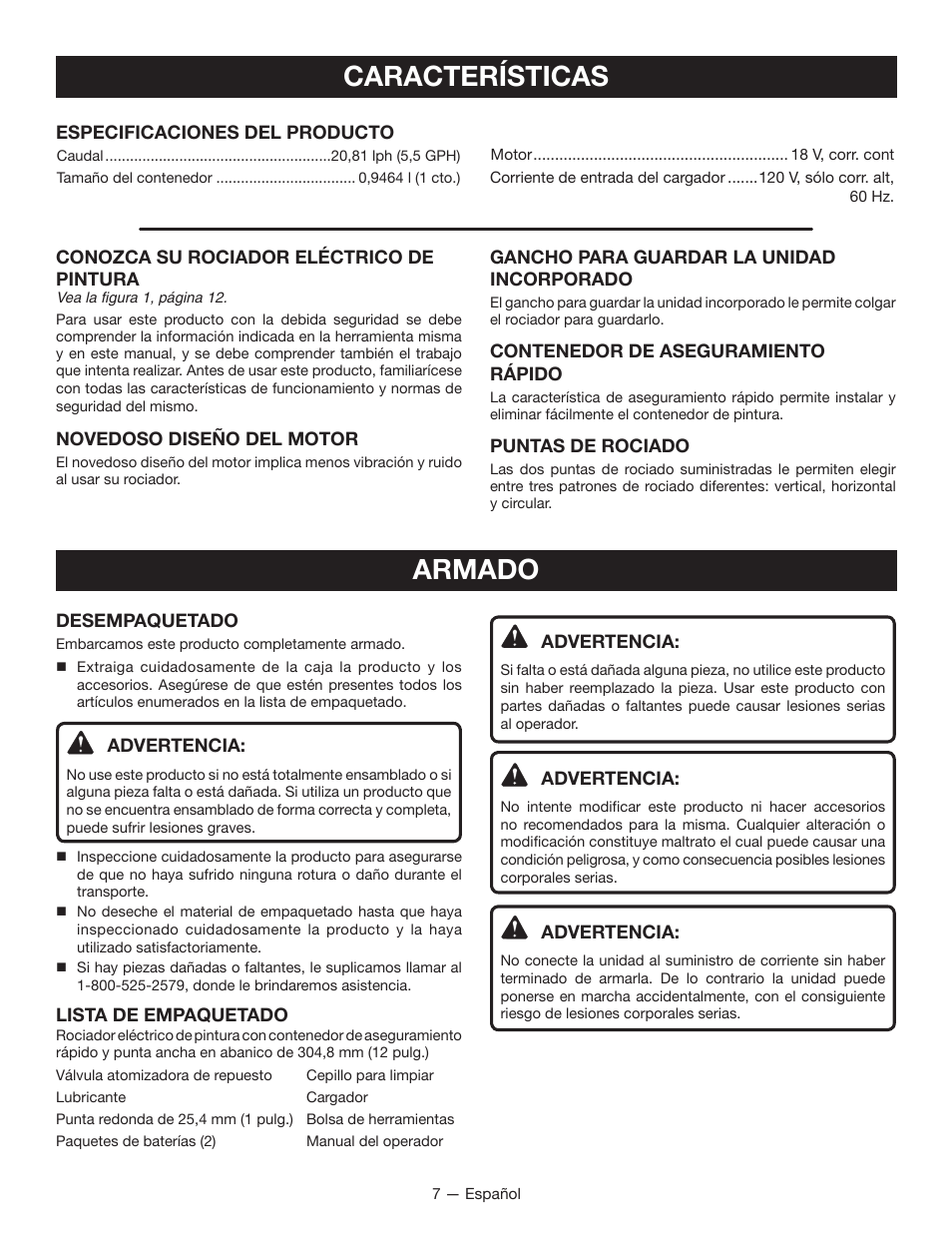 Características, Armado | Ryobi P631 User Manual | Page 27 / 36