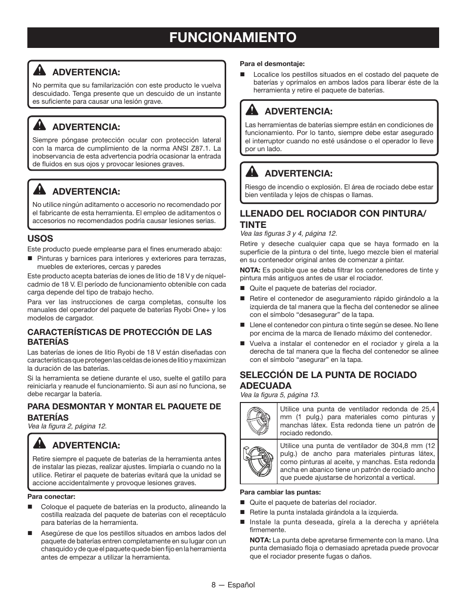 Funcionamiento | Ryobi P631 User Manual | Page 28 / 36