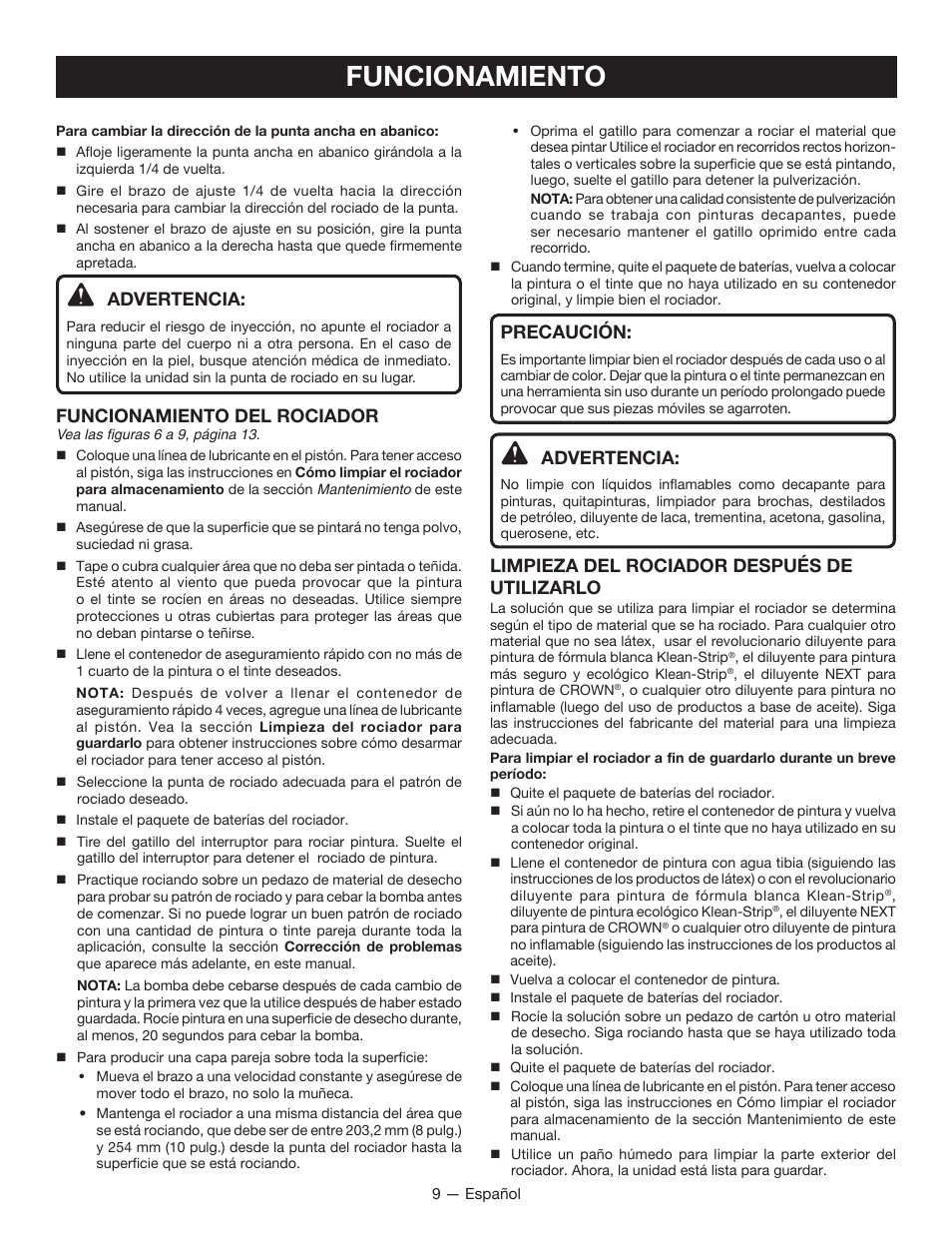 Funcionamiento, Advertencia, Funcionamiento del rociador | Precaución, Limpieza del rociador después de utilizarlo | Ryobi P631 User Manual | Page 29 / 36