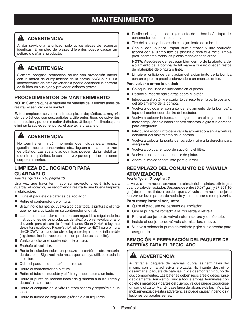 Mantenimiento, Advertencia, Procedimientos de mantenimiento | Limpieza del rociador para guardarlo, Reemplazo del conjunto de válvula atomizadora | Ryobi P631 User Manual | Page 30 / 36