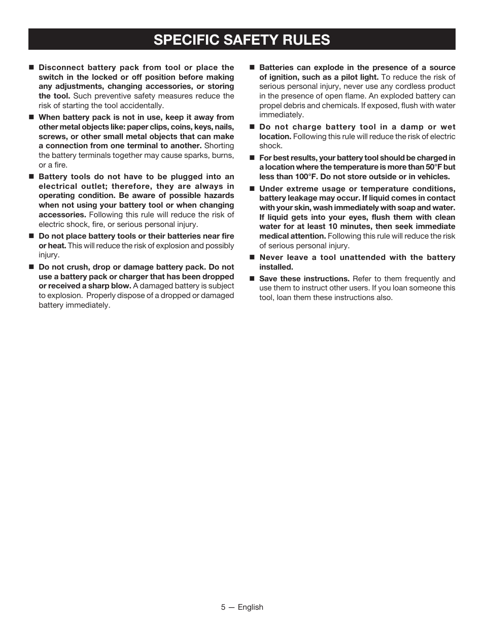 Specific safety rules | Ryobi P631 User Manual | Page 5 / 36