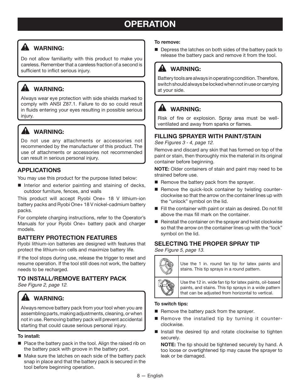Operation | Ryobi P631 User Manual | Page 8 / 36