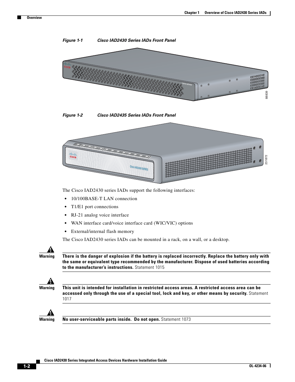 T1/e1 port connections, Rj-21 analog voice interface | Cisco IAD2430 User Manual | Page 18 / 86