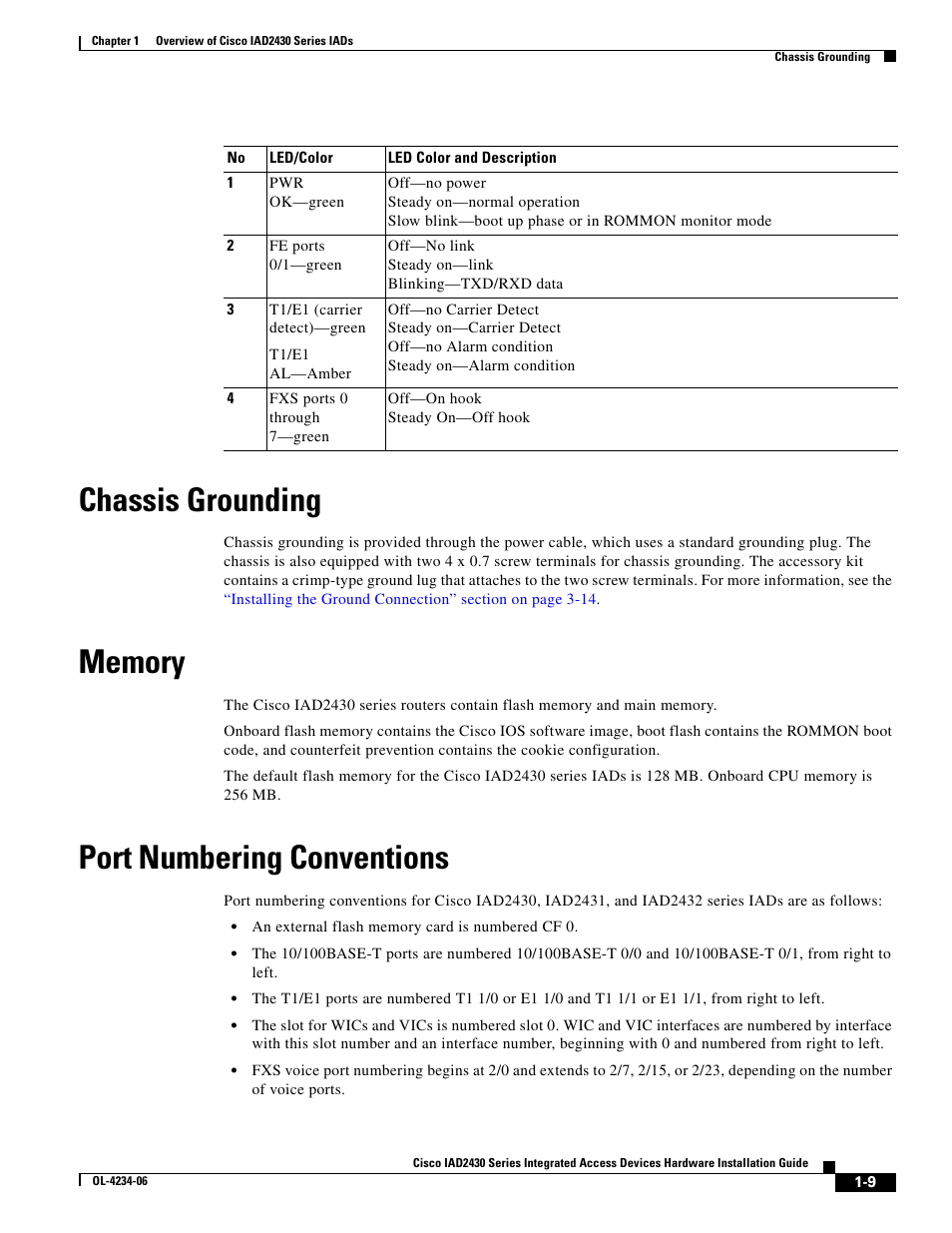 Chassis grounding, Memory, Port numbering conventions | Cisco IAD2430 User Manual | Page 25 / 86