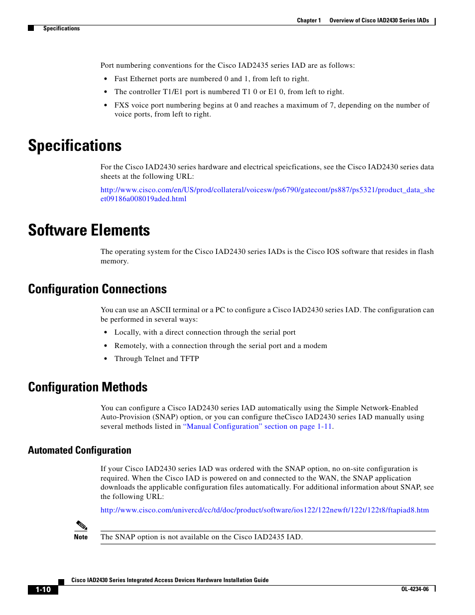 Specifications, Software elements, Configuration connections | Configuration methods, Automated configuration | Cisco IAD2430 User Manual | Page 26 / 86