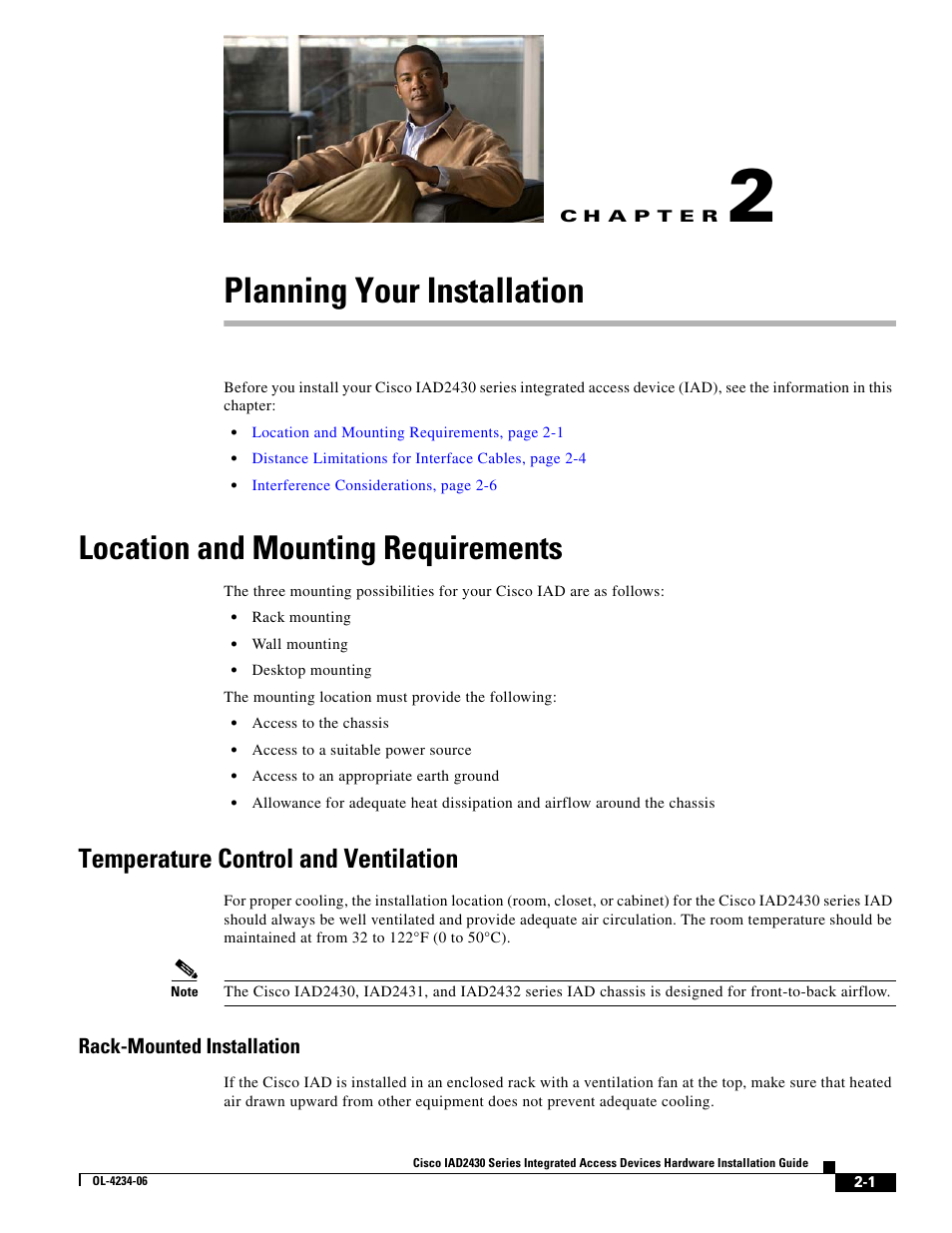 Planning your installation, Location and mounting requirements, Temperature control and ventilation | Rack-mounted installation, C h a p t e r | Cisco IAD2430 User Manual | Page 31 / 86