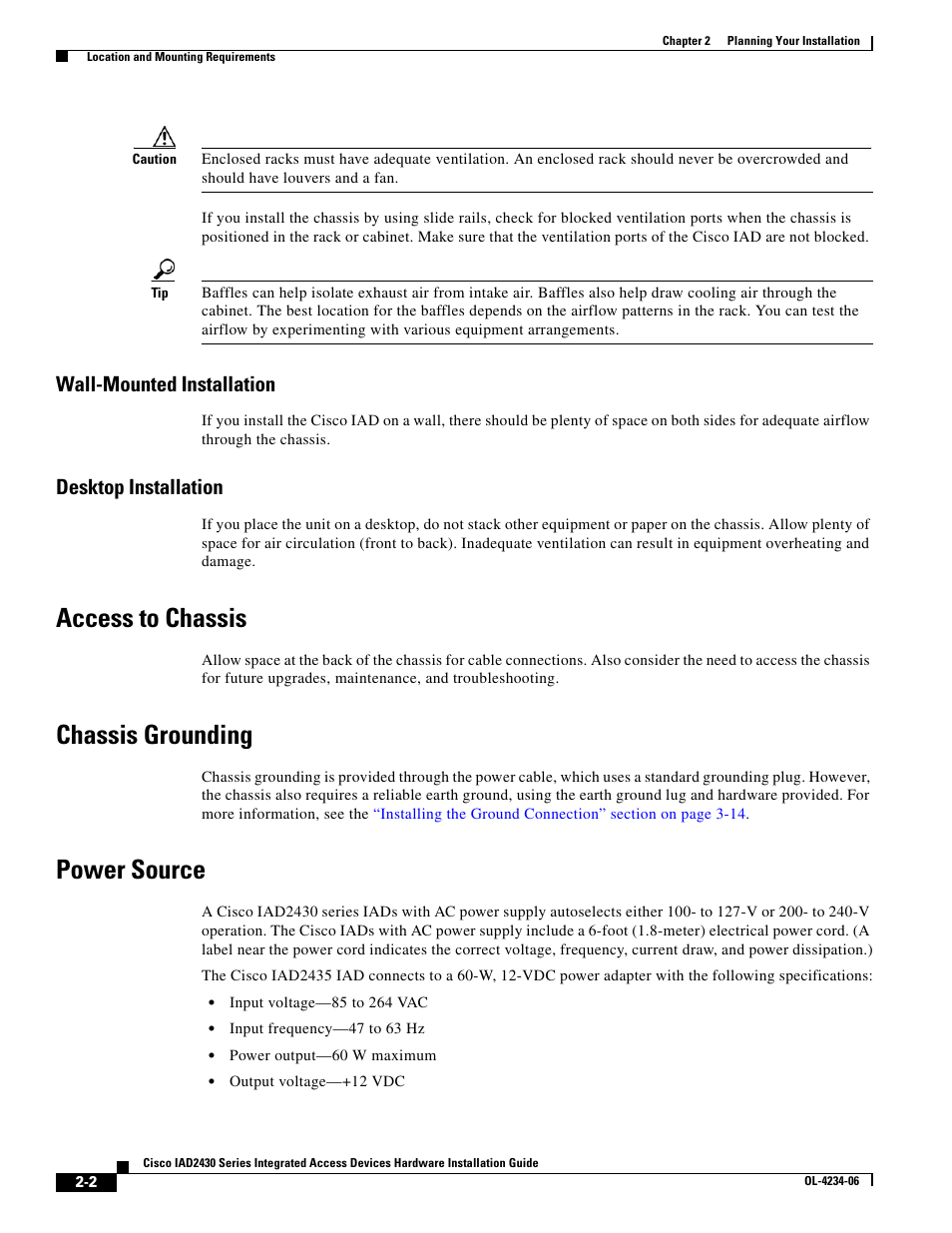 Wall-mounted installation, Desktop installation, Access to chassis | Chassis grounding, Power source | Cisco IAD2430 User Manual | Page 32 / 86