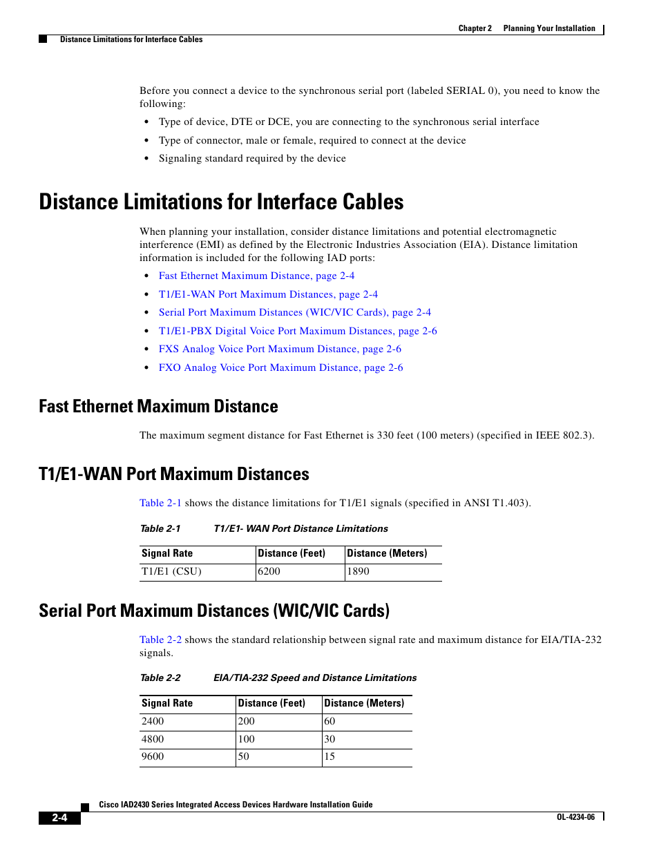 Distance limitations for interface cables, Fast ethernet maximum distance, T1/e1-wan port maximum distances | Serial port maximum distances (wic/vic cards) | Cisco IAD2430 User Manual | Page 34 / 86