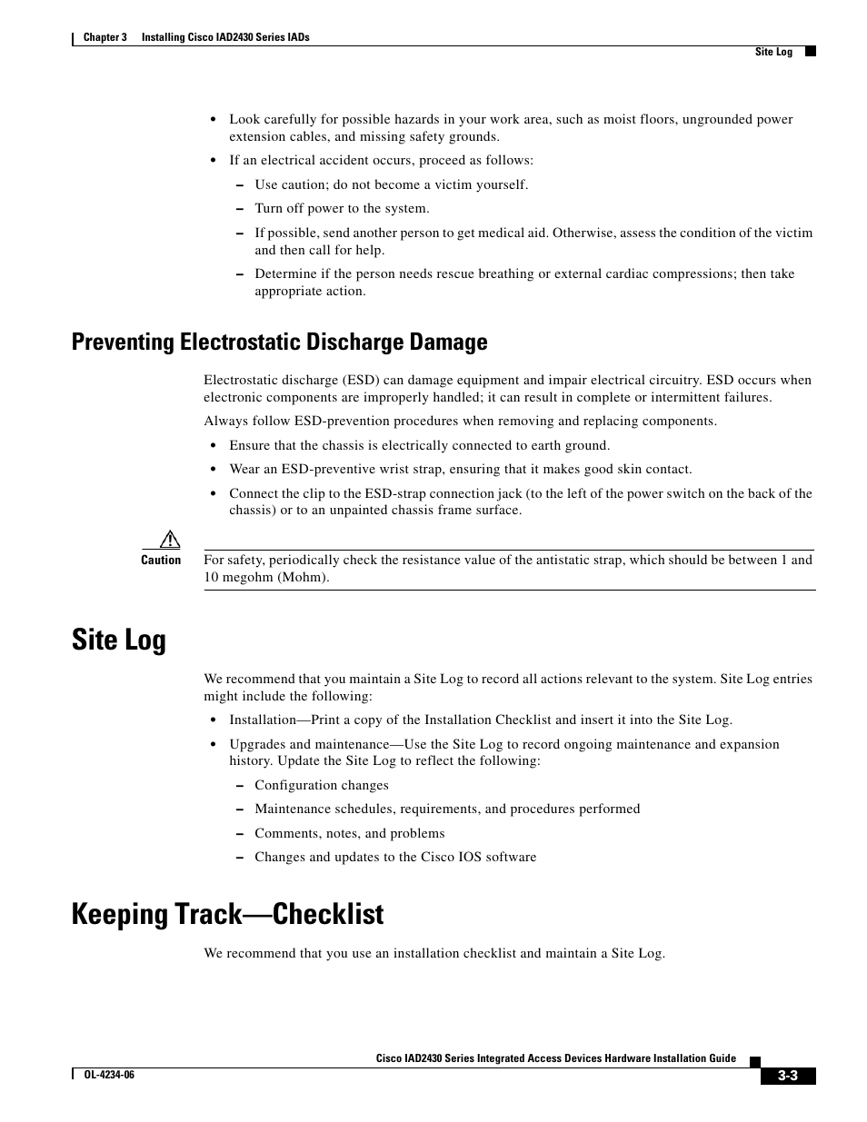 Preventing electrostatic discharge damage, Site log, Keeping track-checklist | Keeping track—checklist | Cisco IAD2430 User Manual | Page 39 / 86