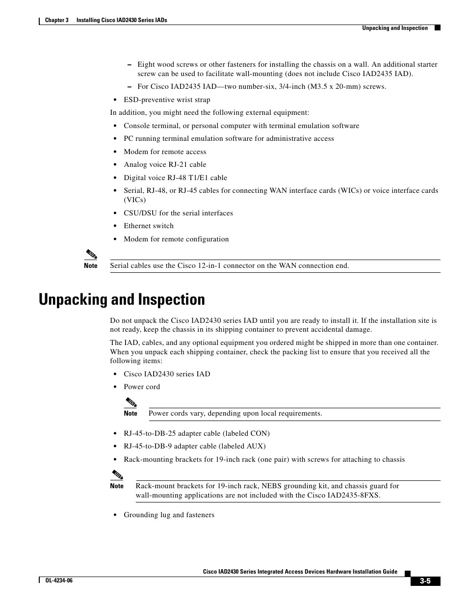 Unpacking and inspection | Cisco IAD2430 User Manual | Page 41 / 86