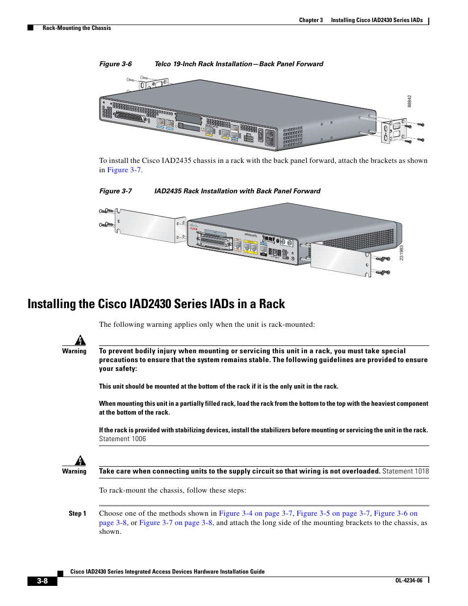 Installing the cisco iad2430 series iads in a rack, Figure 3-6 | Cisco IAD2430 User Manual | Page 44 / 86