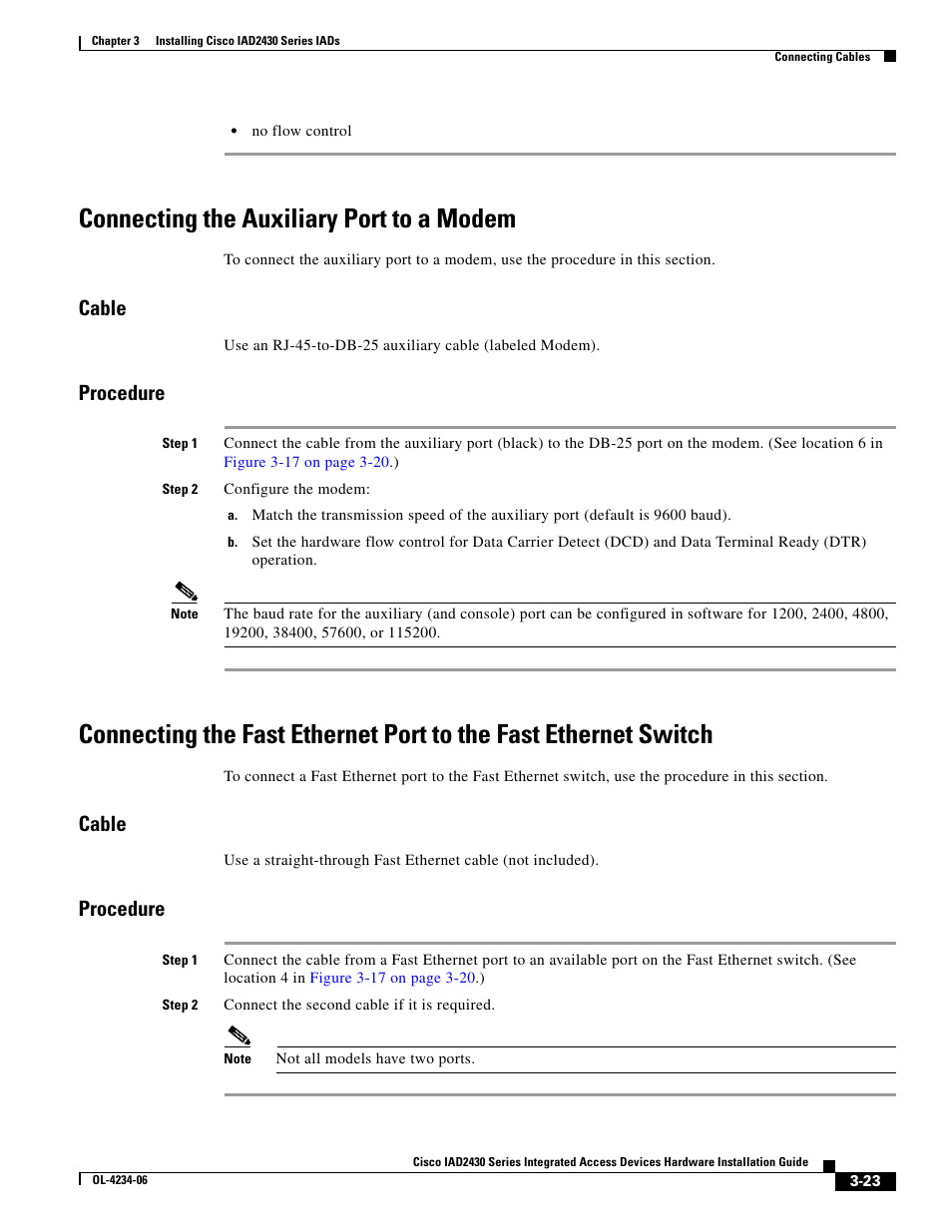 Connecting the auxiliary port to a modem, Cable, Procedure | Cisco IAD2430 User Manual | Page 59 / 86
