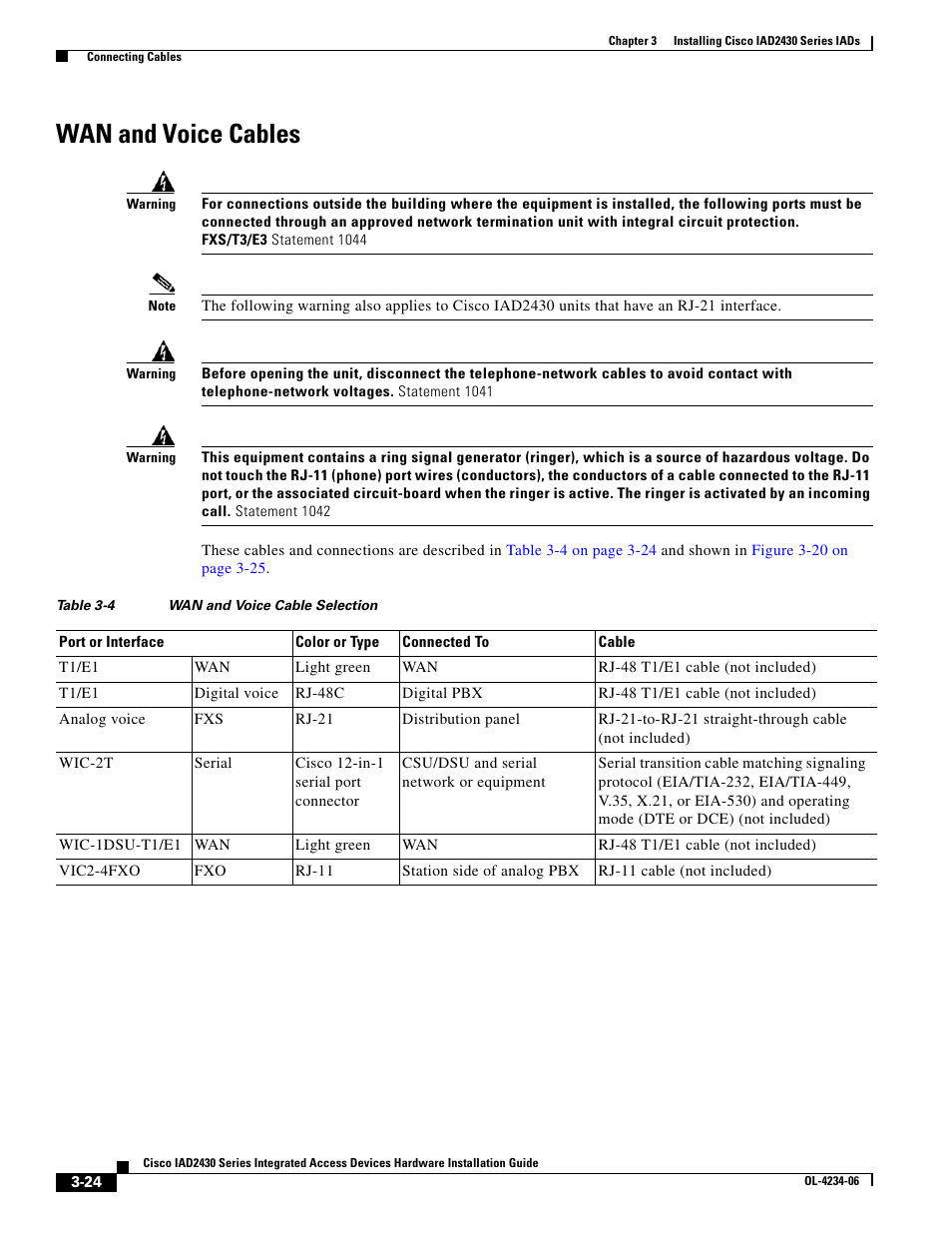 Wan and voice cables | Cisco IAD2430 User Manual | Page 60 / 86