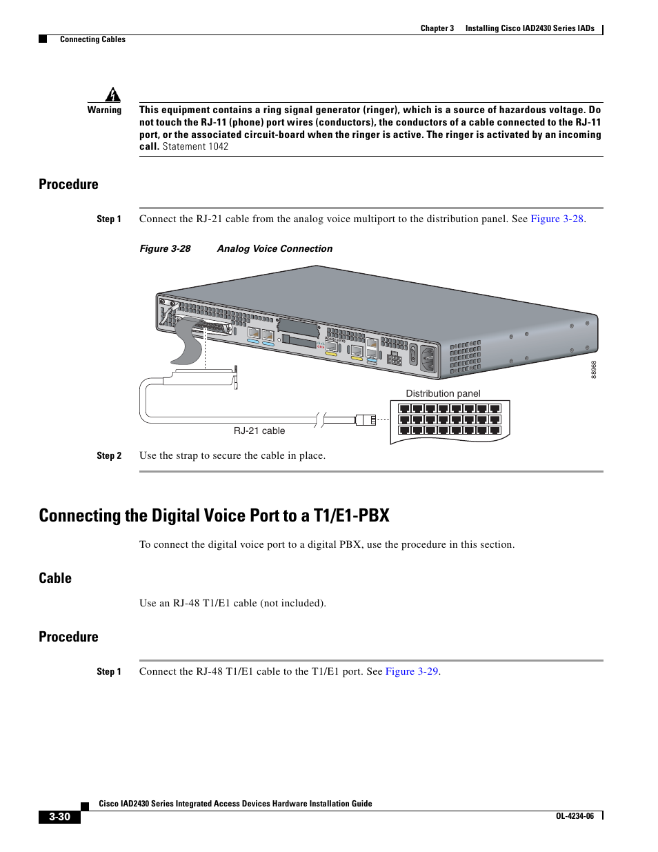 Procedure, Connecting the digital voice port to a t1/e1-pbx, Cable | Cisco IAD2430 User Manual | Page 66 / 86