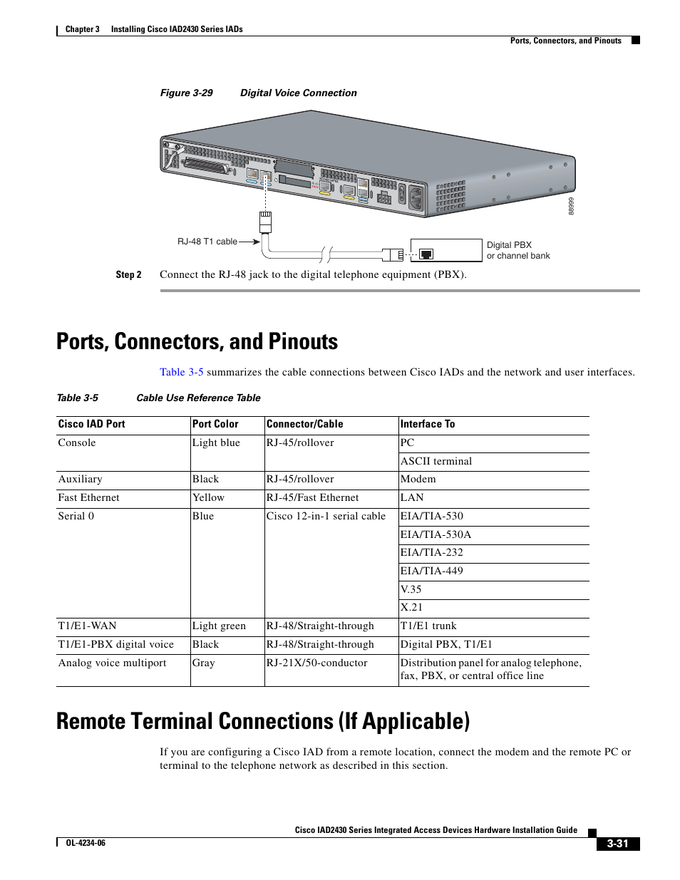 Ports, connectors, and pinouts, Remote terminal connections (if applicable) | Cisco IAD2430 User Manual | Page 67 / 86
