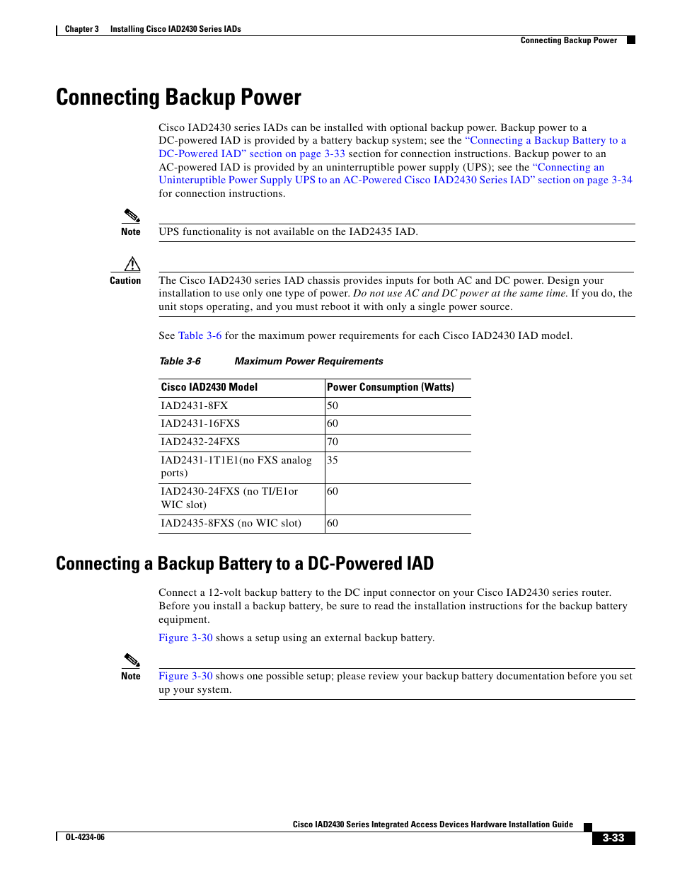 Connecting backup power, Connecting a backup battery to a dc-powered iad | Cisco IAD2430 User Manual | Page 69 / 86