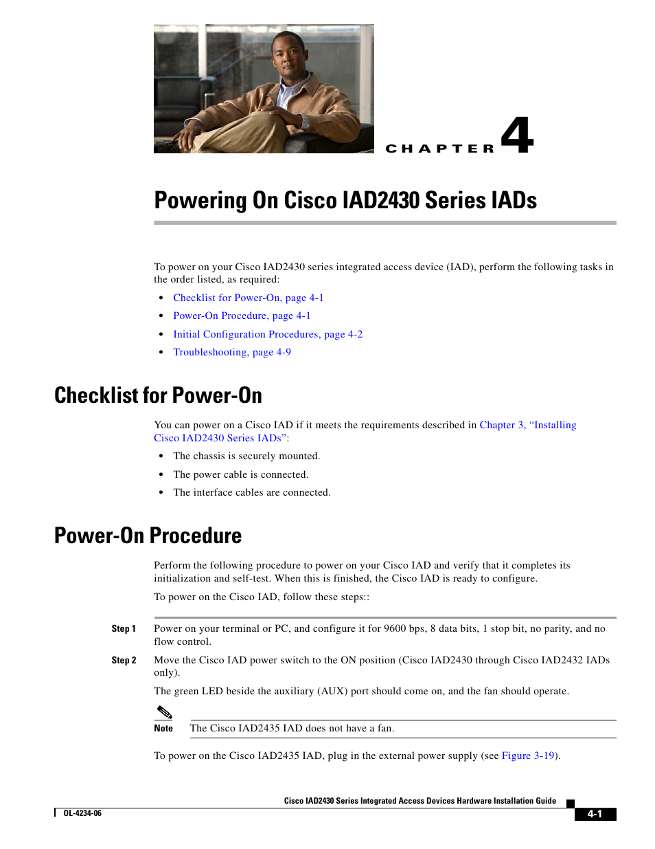 Powering on cisco iad2430 series iads, Checklist for power-on, Power-on procedure | C h a p t e r | Cisco IAD2430 User Manual | Page 73 / 86