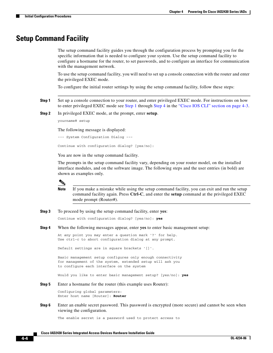 Setup command facility | Cisco IAD2430 User Manual | Page 76 / 86