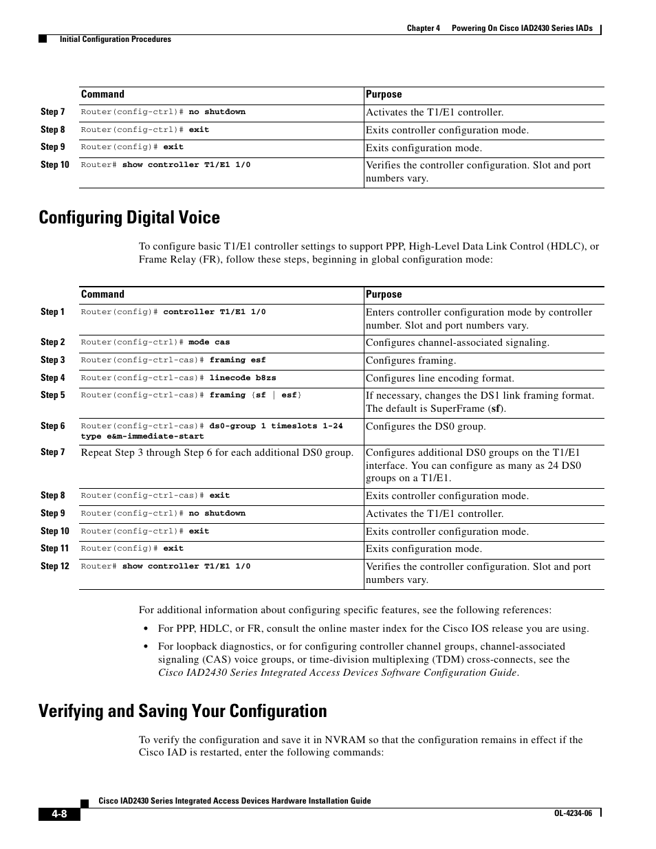 Configuring digital voice, Verifying and saving your configuration | Cisco IAD2430 User Manual | Page 80 / 86