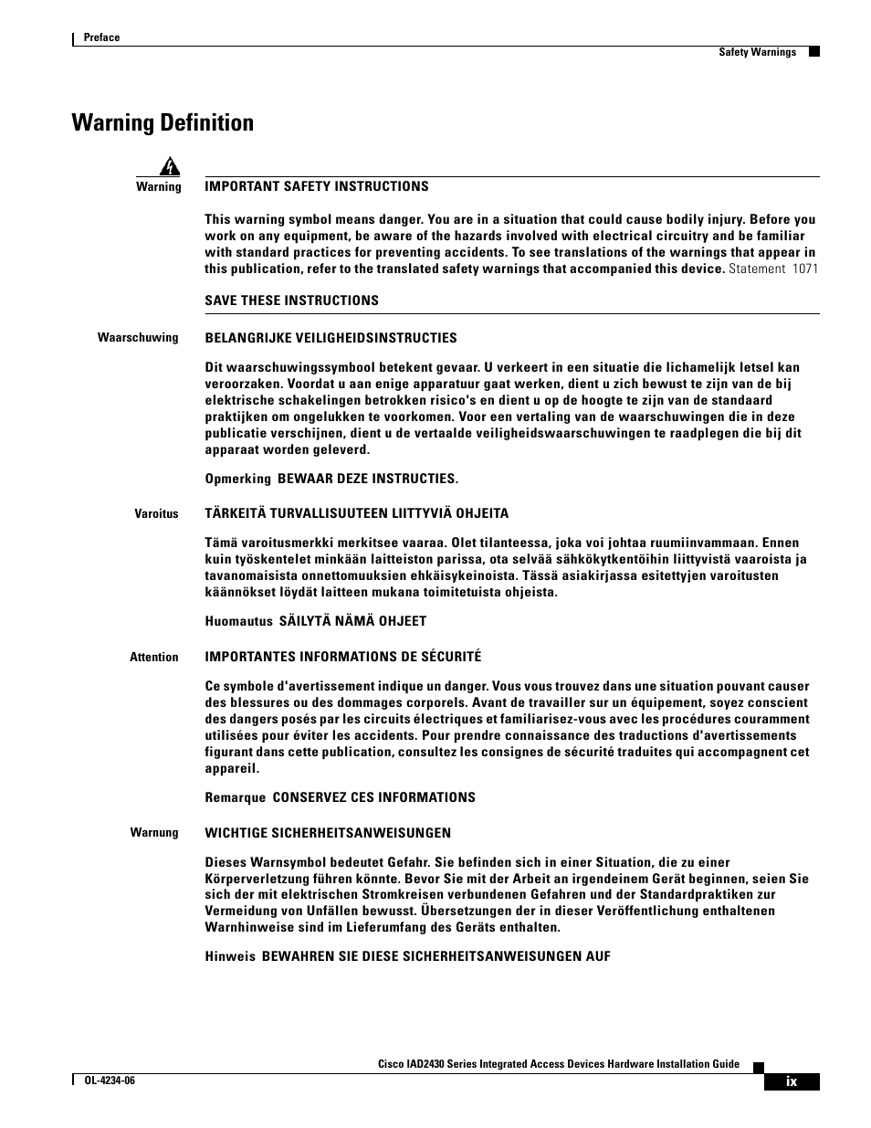 Warning definition | Cisco IAD2430 User Manual | Page 9 / 86