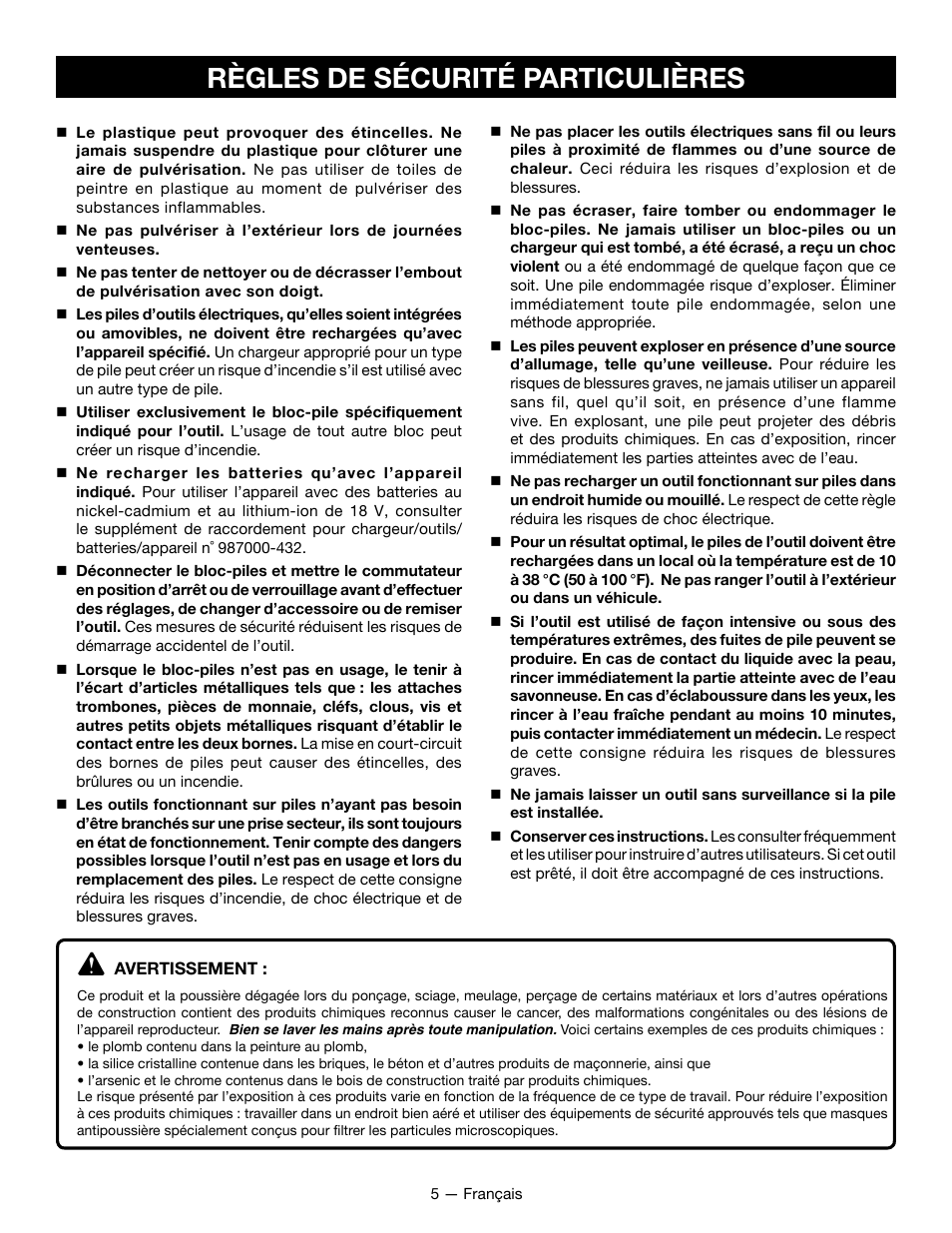 Règles de sécurité particulières | Ryobi P631K1 User Manual | Page 15 / 36