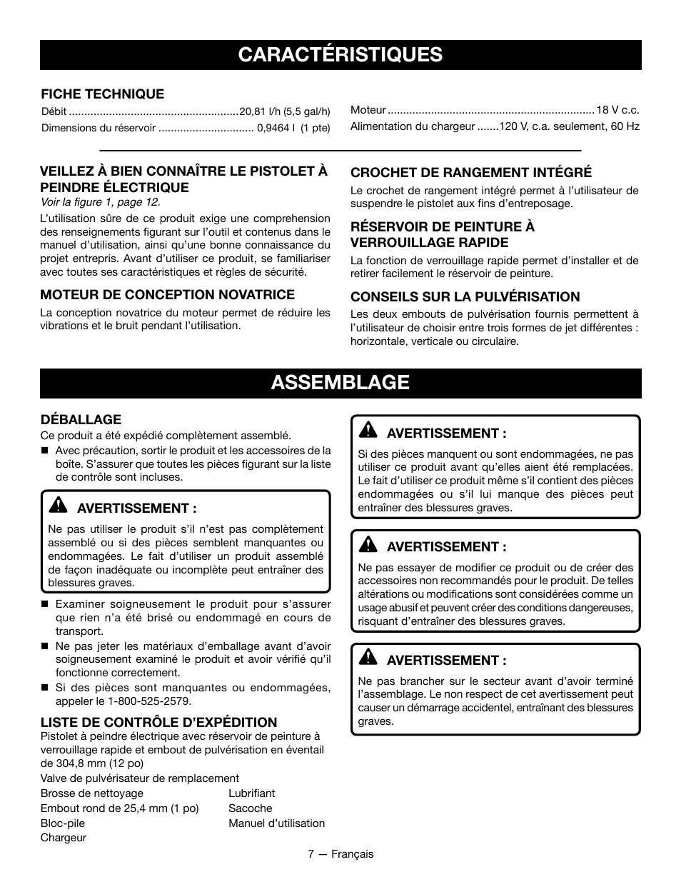 Caractéristiques, Assemblage | Ryobi P631K1 User Manual | Page 17 / 36