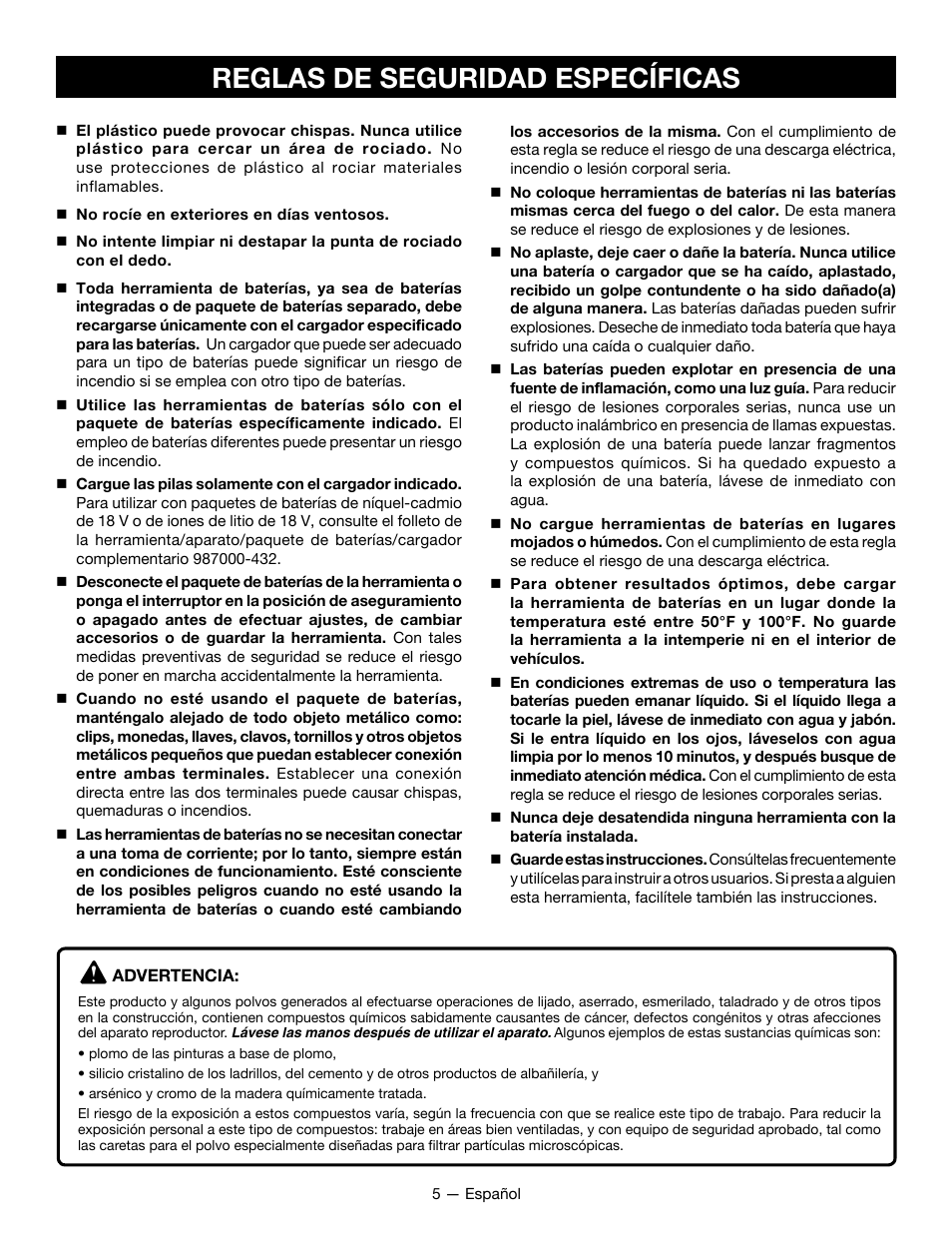 Reglas de seguridad específicas | Ryobi P631K1 User Manual | Page 25 / 36