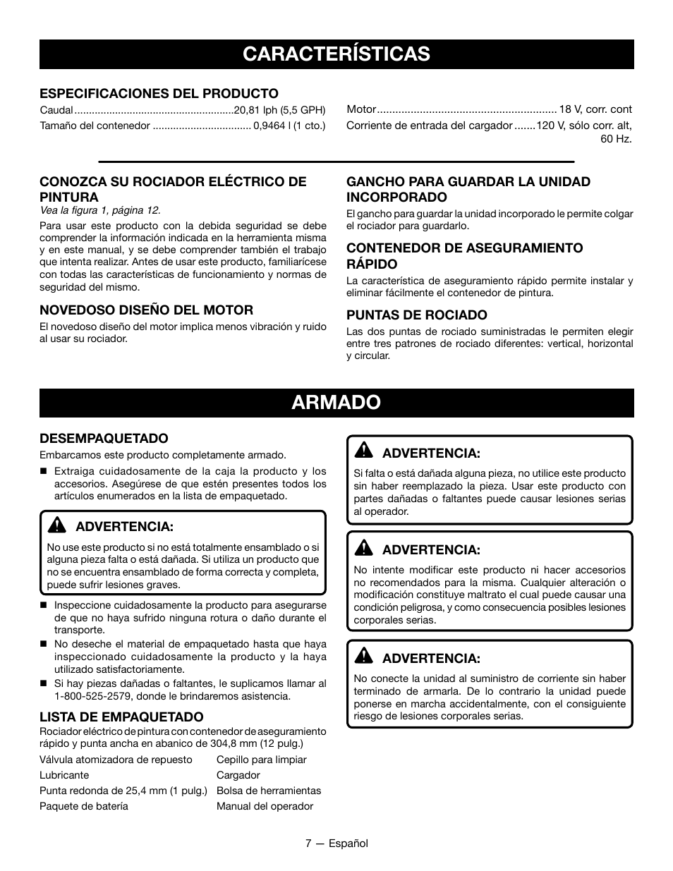 Características, Armado | Ryobi P631K1 User Manual | Page 27 / 36