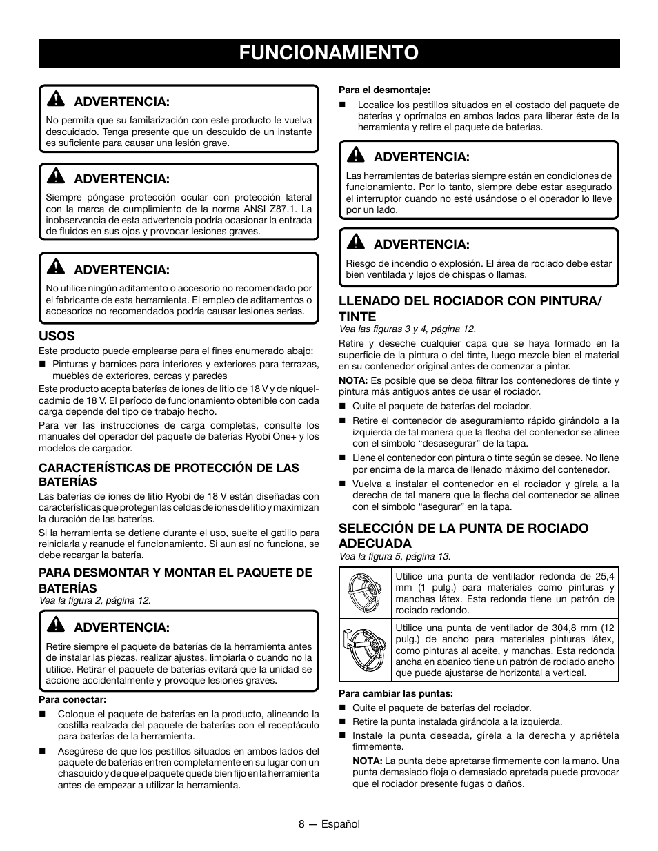 Funcionamiento | Ryobi P631K1 User Manual | Page 28 / 36