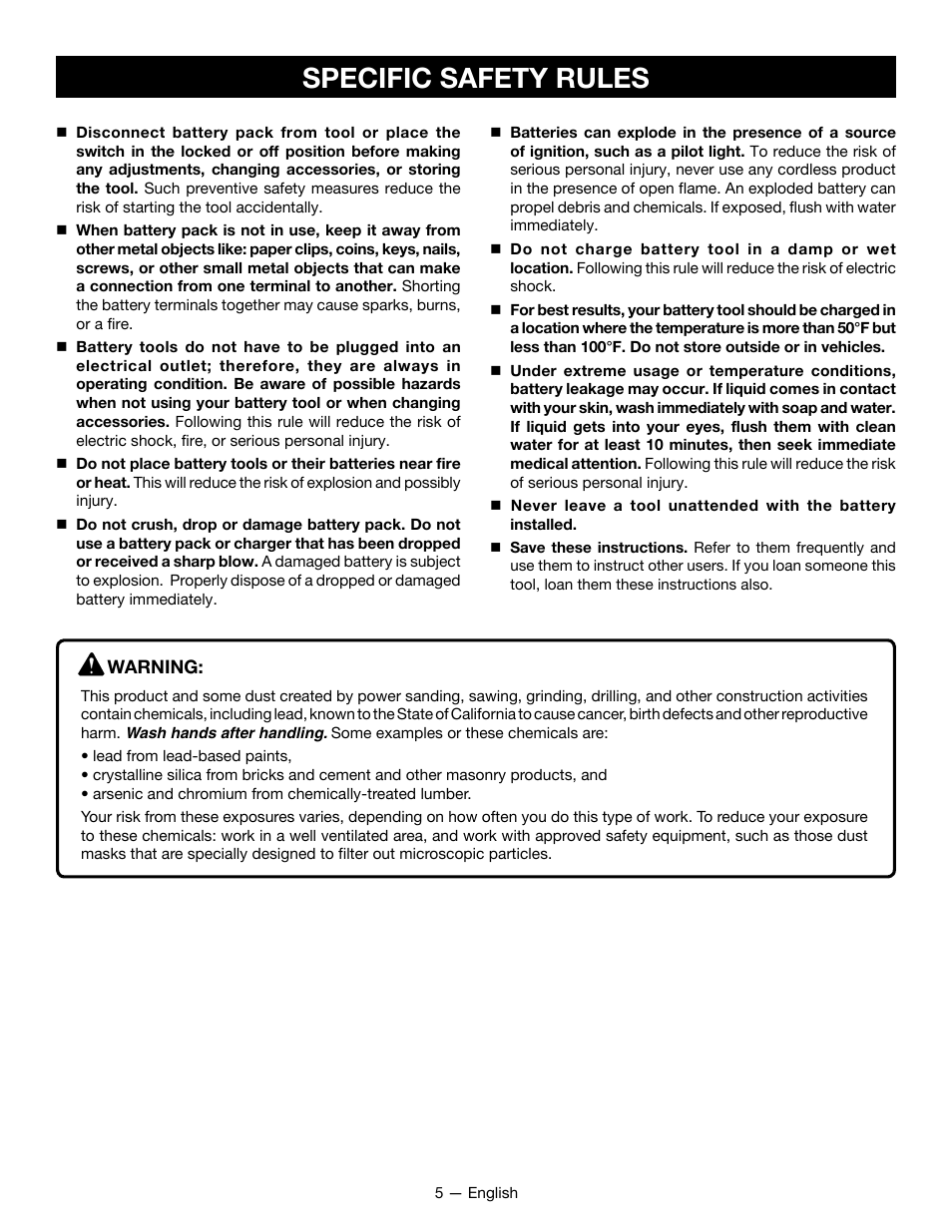 Specific safety rules | Ryobi P631K1 User Manual | Page 5 / 36