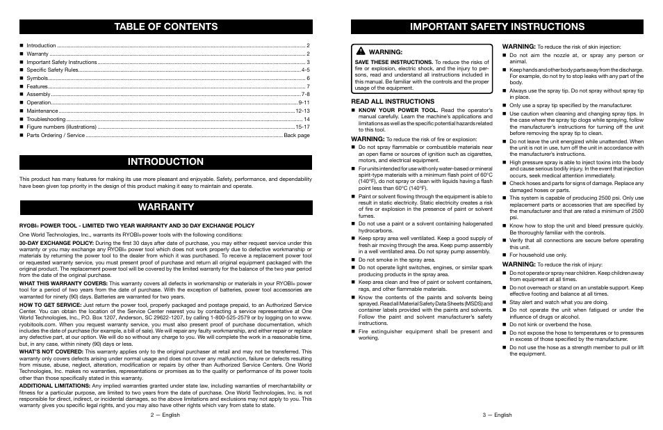 Important safety instructions, Table of contents introduction, Warranty | Ryobi P635 User Manual | Page 2 / 26