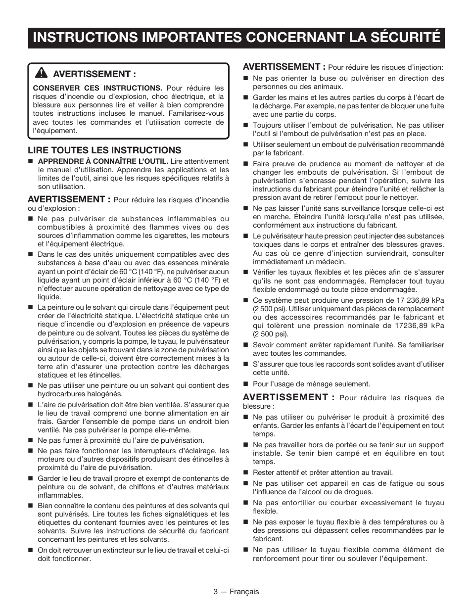 Instructions importantes concernant la sécurité, Avertissement, Lire toutes les instructions | Ryobi P635 User Manual | Page 16 / 44