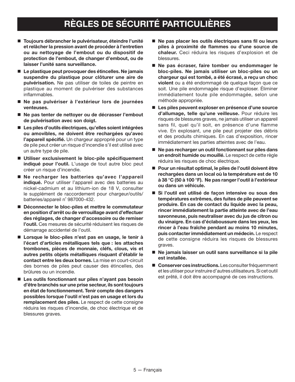 Règles de sécurité particulières | Ryobi P635 User Manual | Page 18 / 44