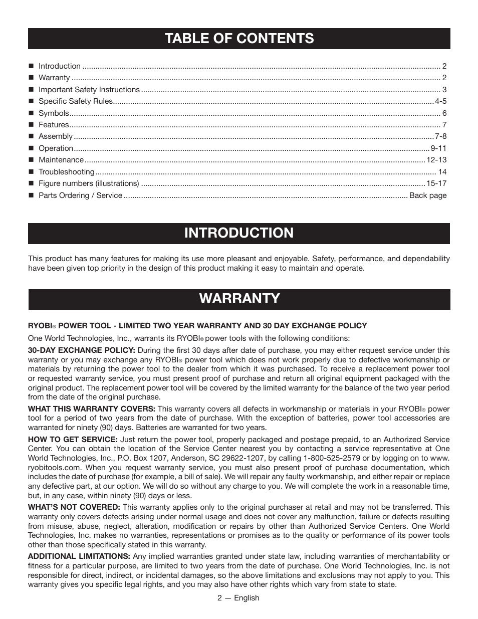 Table of contents introduction, Warranty | Ryobi P635 User Manual | Page 2 / 44