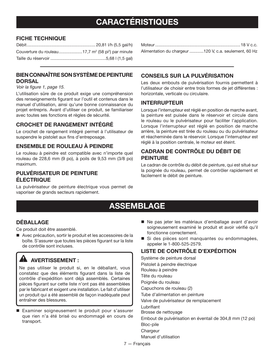 Caractéristiques, Assemblage | Ryobi P635 User Manual | Page 20 / 44