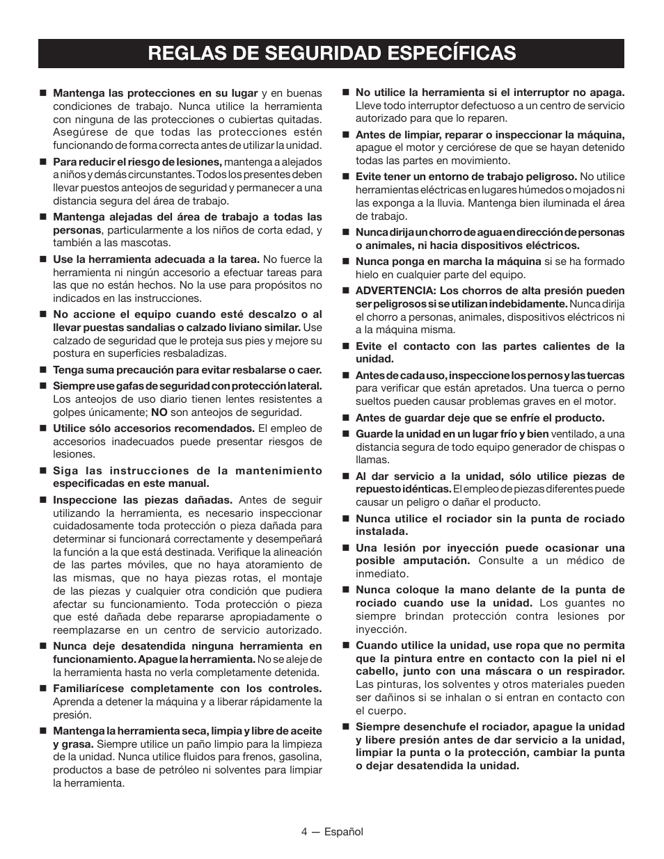 Reglas de seguridad específicas | Ryobi P635 User Manual | Page 30 / 44