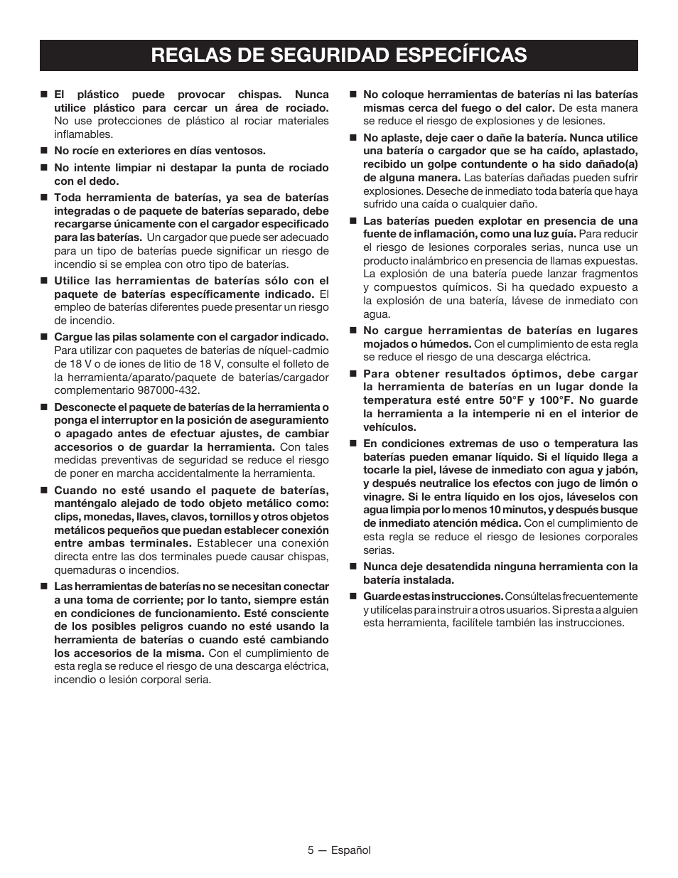 Reglas de seguridad específicas | Ryobi P635 User Manual | Page 31 / 44