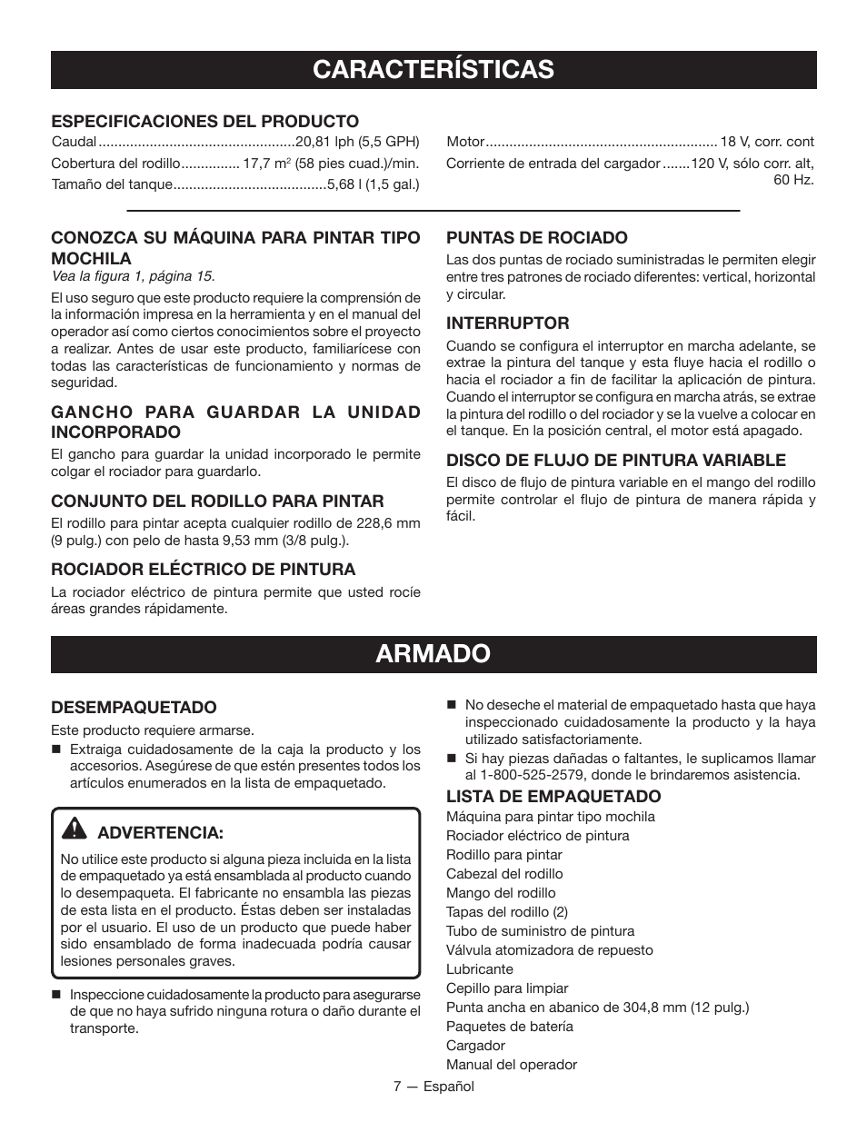 Características, Armado | Ryobi P635 User Manual | Page 33 / 44