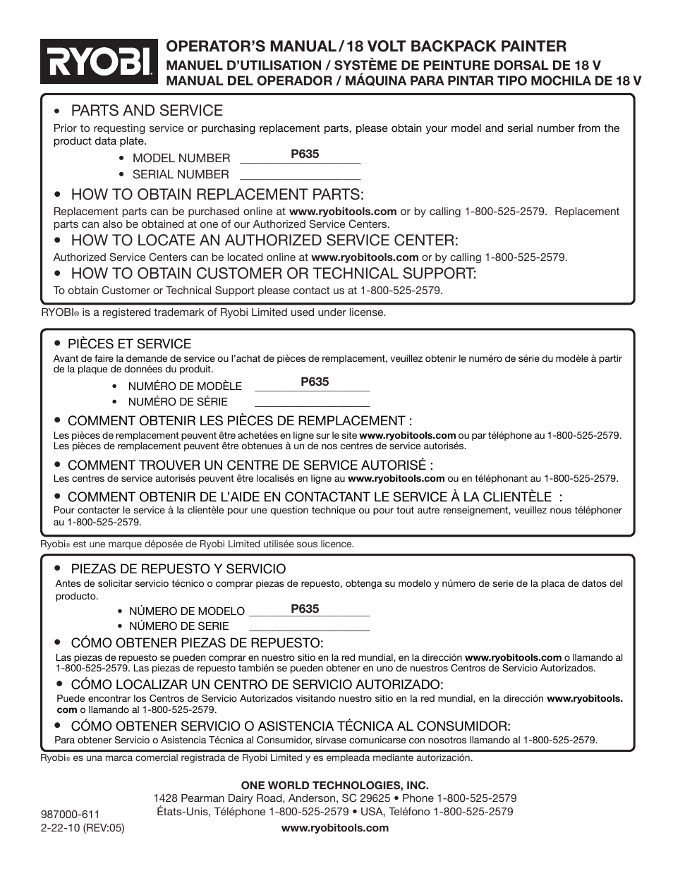 Parts and service, How to obtain replacement parts, How to locate an authorized service center | How to obtain customer or technical support, Operator’s manual / 18 volt backpack painter | Ryobi P635 User Manual | Page 44 / 44