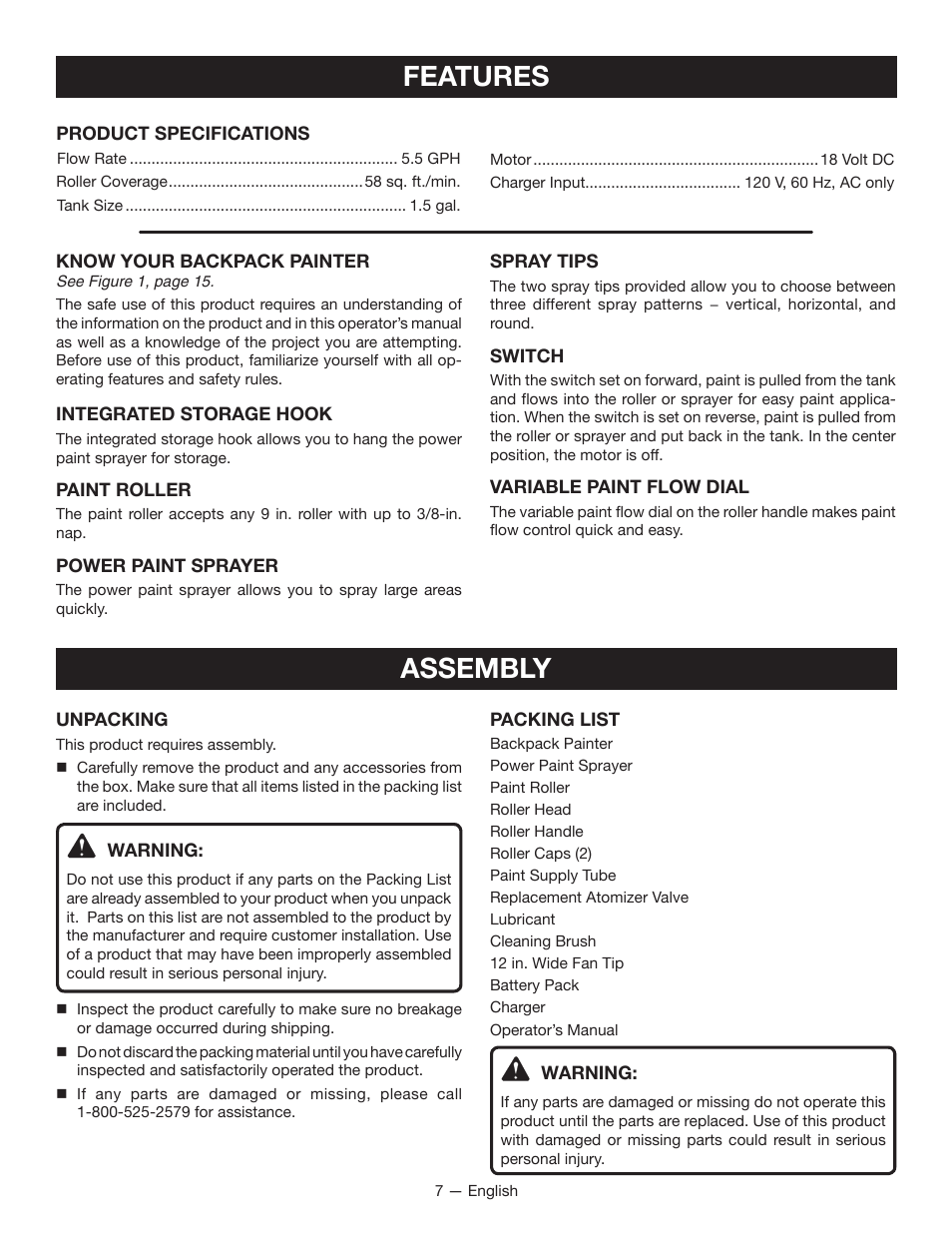 Features, Assembly | Ryobi P635 User Manual | Page 7 / 44