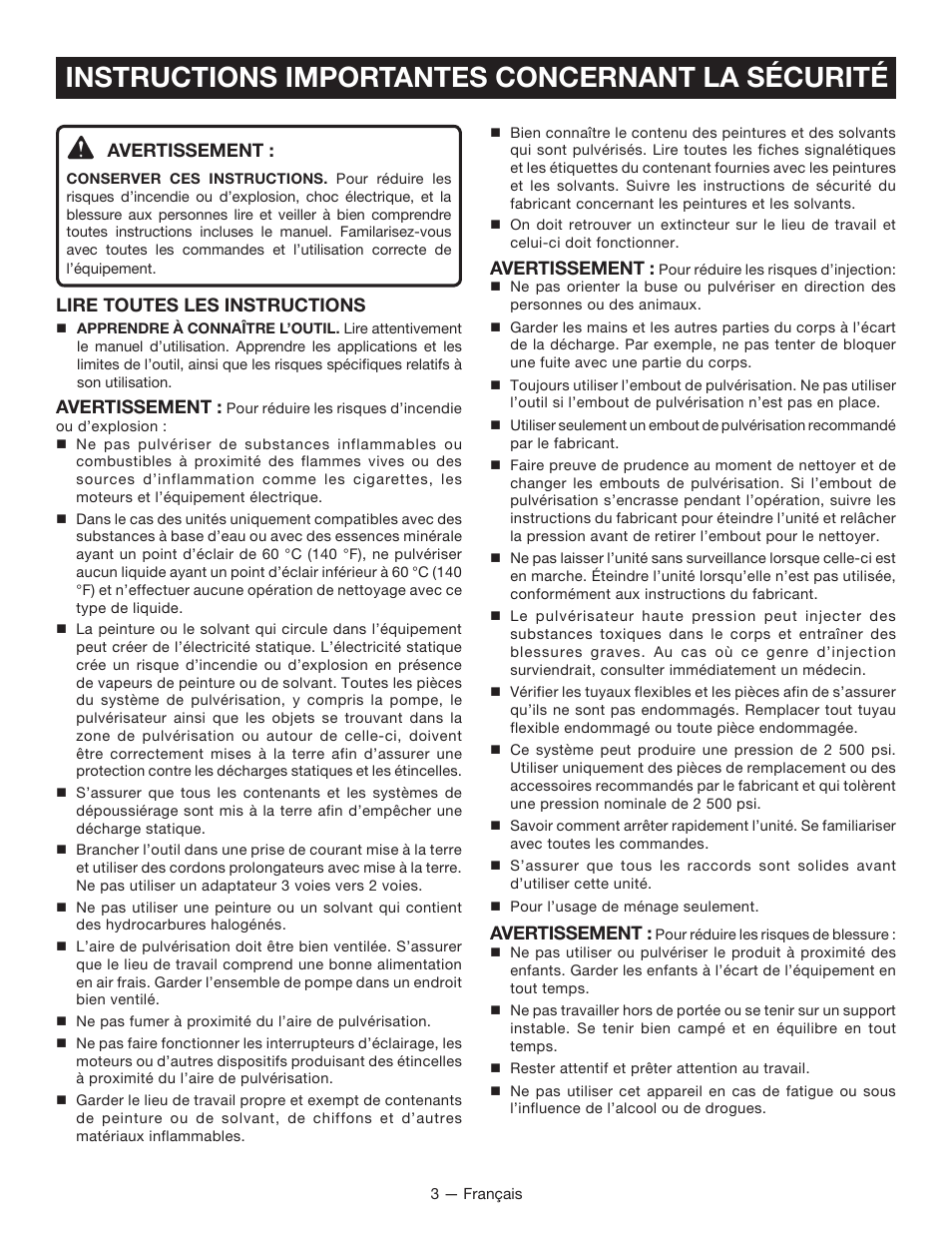 Instructions importantes concernant la sécurité, Avertissement, Lire toutes les instructions | Ryobi SSP300 User Manual | Page 13 / 36