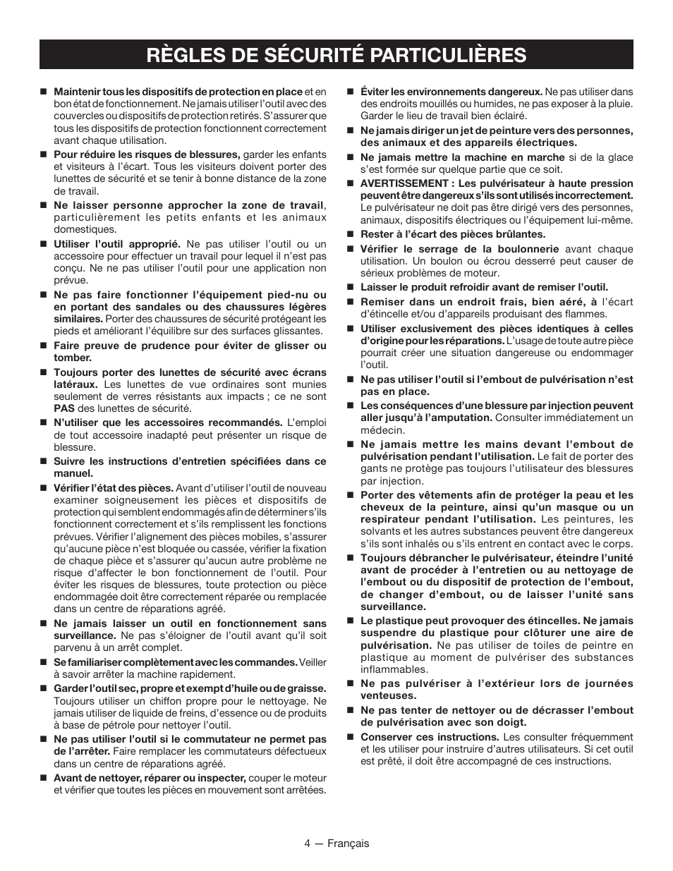 Règles de sécurité particulières | Ryobi SSP300 User Manual | Page 14 / 36