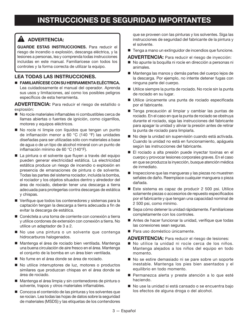 Instrucciones de seguridad importantes | Ryobi SSP300 User Manual | Page 24 / 36